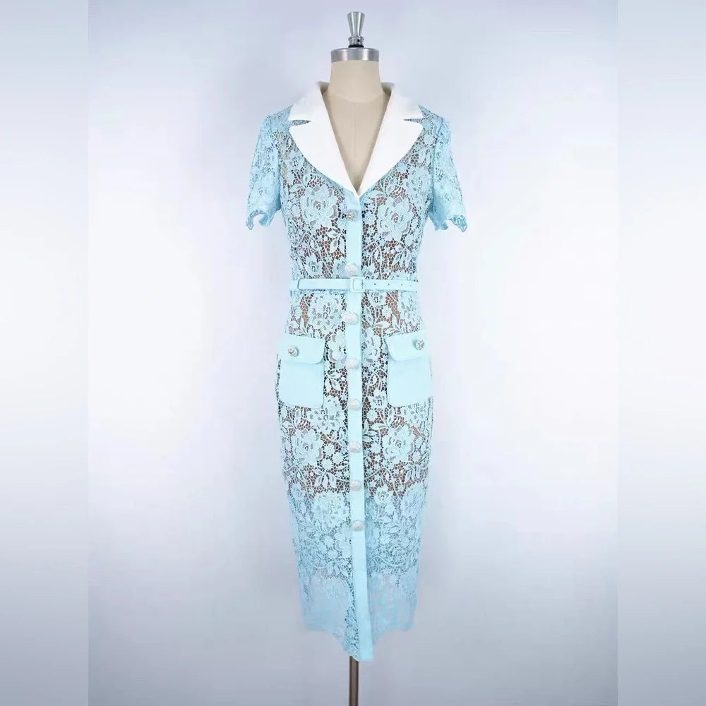 Self-Portrait Blue Lace Embellished Buttons Belted Mini Dress UK8/US4 NWOT - Picture 8 of 11